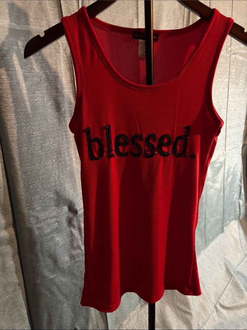 Women's Red Ribbed 'blessed.' Sequin Tank Top